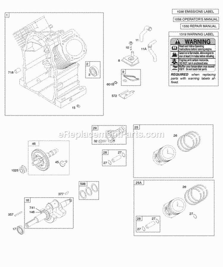 Camshaft Crankshaft Cylinder PistonRingsConnecting Rod Diagram and Parts List for  Briggs and Stratton Engine
